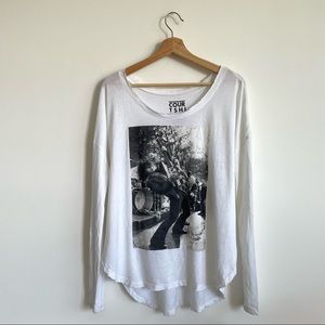 MC5’s Wayne Kramer picture on a white long sleeve shirttail with uneven …